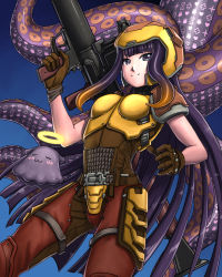 Rule 34 | 1girl, armor, blue background, breasts, brown gloves, cosplay, gloves, halo, heart, helmet, highres, holding, holding weapon, hololive, hololive english, long hair, medium breasts, ninomae ina&#039;nis, quake (series), quake 1, ranger (quake), rocket launcher, rpg (weapon), short sleeves, smile, solo, substance20, tentacles, virtual youtuber, weapon, yellow armor