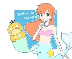 1girl asymmetrical_hair bare_shoulders beads bikini bikini_top_only blush breasts cleavage closed_mouth earrings finger_to_mouth gen_1_pokemon green_eyes hair_ornament hand_up index_finger_raised jewelry long_hair looking_at_viewer mermaid mermaid_misty_(pokemon) misty_(pokemon) monster_girl monsterification navel necklace nintendo orange_hair pokemon pokemon_(anime) pokemon_(classic_anime) pokemon_rgby ponytail psyduck seashell shell shell_bikini side_ponytail smile solo star_(symbol) swimsuit