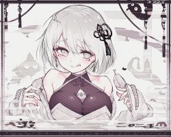 1girl :q absurdres bare_shoulders breasts chinese_zodiac cleavage collarbone commentary_request grey_eyes grey_hair hair_ornament heart heart-shaped_pupils highres large_breasts looking_at_viewer off_shoulder original reizouko short_hair smile solo sweater symbol-shaped_pupils tagme tongue tongue_out
