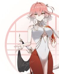 1girl alternate_costume bare_shoulders bodysuit braid breasts changli_(wuthering_waves) closed_mouth colored_extremities commentary covered_navel cowboy_shot dress hair_between_eyes hair_extensions hand_on_own_chest highres large_breasts long_hair looking_at_viewer multicolored_hair orange_eyes pelvic_curtain pink_hair red_hands red_skirt ring_hair_extensions seoc_studios skirt smile solo tacet_mark_(wuthering_waves) twin_braids two-tone_hair very_long_hair white_dress white_hair wuthering_waves