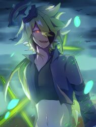 1boy :d aotu_world backlighting bird black_jacket black_shirt chinese_commentary cloud collarbone crop_top cropped_jacket cropped_shirt fangs glowing glowing_eye glowing_eyes green_hair hair_over_one_eye halo highres jacket long_hair long_sleeves looking_at_viewer low_ponytail male_focus mask midriff multicolored_eyes navel night open_clothes open_jacket open_mouth ponytail red_eyes shade sharp_teeth shirt sky smile solo sparkle stomach teeth upper_body xander_(aotu_world) yellow_eyes yuottota0-1414