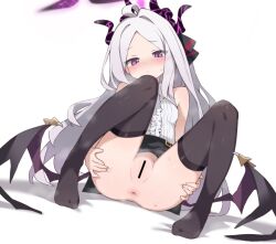 1girl aku0 anus ass bar_censor belt black_belt black_skirt black_thighhighs blue_archive blush breasts censored closed_mouth commentary demon_girl demon_horns demon_wings frilled_shirt frills full_body halo highres hina_(blue_archive) horns loli long_hair purple_eyes pussy shadow shirt simple_background skirt sleeveless sleeveless_shirt small_breasts solo sweat thighhighs white_background white_hair white_shirt wings