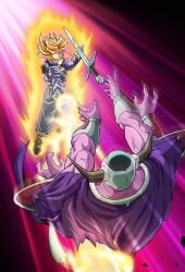 2boys aura blonde_hair death dragon_ball green_eyes ki_blast king_cold multiple_boys muscular muscular_male official_art spiked_hair super_saiyan sword trunks_(dragon_ball) trunks_(future)_(dragon_ball) weapon