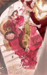 Rule 34 | bare shoulders, black hair, dress, flamma (immortalemignis), frilled dress, frills, full body, gloves, hanging light, highres, jewelry, leopard, long hair, original, pointed crown, stairs