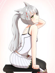 1girl 4_m_lacra alternate_hairstyle animal_ear_fluff animal_ears black_pantyhose cat_ears cat_girl closed_mouth commentary_request grey_hair highres looking_at_viewer mio_(xenoblade) on_stool pantyhose ponytail simple_background sitting skirt smile solo white_background white_skirt xenoblade_chronicles_(series) xenoblade_chronicles_3 yellow_eyes