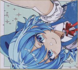 Rule 34 | 1girl, 870hanamarumomo, blue bow, blue dress, blue eyes, blue hair, blush, bow, bowtie, cirno, closed mouth, commentary request, dated, detached wings, dress, hair bow, highres, ice, ice wings, looking at viewer, medium hair, pinafore dress, puffy short sleeves, puffy sleeves, red bow, red bowtie, shikishi, short sleeves, sideways, signature, sleeveless, sleeveless dress, smile, solo, touhou, traditional media, wings