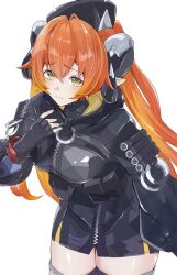 1girl asymmetrical_gloves black_coat blush coat cowboy_shot dragon_girl dragon_horns gaohuang43450 gloves hair_between_eyes hood hoodie horns long_hair looking_at_viewer mismatched_gloves orange_hair orange_pupils orpheus_(zenless_zone_zero) pointy_ears zenless_zone_zero