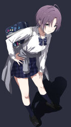 Rule 34 | 1girl, absurdres, ahoge, aqua eyes, aqua hair, asakura toru, bag, black background, black hair, black socks, bow, bowtie, clothes around waist, full body, gradient hair, highres, idolmaster, idolmaster shiny colors, jacket, jacket around waist, jewelry, kneehighs, loafers, long sleeves, looking at viewer, miniskirt, misaki nonaka, multicolored hair, necklace, plaid clothes, plaid skirt, pleated skirt, school bag, school uniform, shoes, short hair, skirt, socks, solo