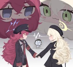 1boy 2girls absurdres ahiru_(ahahahahiru) anger_vein beret black_coat black_gloves black_hat blonde_hair blue_archive chibi chibi_inset closed_mouth coat commentary_request doodle_sensei_(blue_archive) false_smile fluffy_hair gloves halo handshake hat highres iroha_(blue_archive) lightning_glare long_hair long_sleeves multiple_girls necktie open_clothes open_coat professor_niyaniya_(blue_archive) profile red_hair red_necktie sensei_(blue_archive) smile