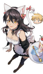 1boy 1girl animal_ear_hairband animal_ears apron artist_name ayuzawa_misaki black_choker black_hair black_thighhighs blonde_hair boots breasts brown_boots cat_ear_hairband cat_ears cat_tail chibi chibi_inset choker cleavage closed_mouth commission crissydissy english_text fake_animal_ears fake_tail food frilled_apron frilled_choker frills hair_between_eyes hair_ornament hairband hairclip highres kaichou_wa_maid-sama! knee_boots long_hair looking_at_viewer maid maid_apron orange_eyes parfait signature simple_background smile tail thighhighs usui_takumi waist_apron white_apron white_background