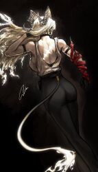 1girl ass bare_shoulders black_choker black_gloves black_horns black_pants blonde_hair breasts choker clenched_hand commentary curled_horns dark_background deka_yo earrings fire flame-tipped_tail from_behind gloves hand_up hashtag-only_commentary highres horns jewelry key_earrings large_breasts long_hair median_furrow muscular muscular_female necktie necktie_around_wrists pants red_necktie shirt signature solo tacet_mark_(wuthering_waves) tail torn_clothes torn_shirt white_shirt wuthering_waves zani_(wuthering_waves)