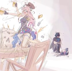1boy 1girl ^^^ afterimage alcohol animal_ears armlet bat_ears beer beer_mug blue_eyes blush braid broken broken_table cape chair citlali_(genshin_impact) cowboy_hat crack cup detached_sleeves drooling drunk floating_headgear genshin_impact gloom_(expression) gnarlypzofbread hat highres holding holding_cup hood hood_up hooded_cape jewelry leotard long_hair motion_blur motion_lines mouth_drool mug on_table open_mouth ororon_(genshin_impact) pants partially_shaded_face pink_hair ring_hair_ornament sarong scared scarf shirt side_braids single_detached_sleeve sitting smile table trembling twin_braids