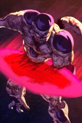 1boy absurdres bisected blood chest_jewel colored_skin dragon_ball dragonball_z energy_blade frieza full_power_frieza highres injury kienzan male_focus maxyz no_eyebrows red_eyes severed_torso solo surprised white_skin