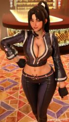 1girl 3d absurdres black_gloves black_jacket black_pants breasts brown_eyes brown_hair cleavage fatal_fury fatal_fury:_city_of_the_wolves female_focus game_screenshot gloves highres jacket large_breasts leather leather_jacket lipstick long_hair looking_at_viewer makeup official_alternate_costume pants ponytail shiranui_mai snk solo street_fighter street_fighter_6 tagme