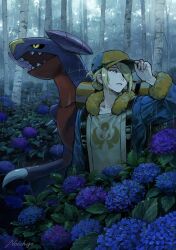 1boy backpack bag blonde_hair blue_eyes blue_flower bush commentary_request day flower forest garchomp gen_4_pokemon ginkgo_guild_uniform hair_over_one_eye hand_on_headwear hat highres hydrangea long_sleeves male_focus nature nintendo no_ichigo open_mouth outdoors parted_lips pokemon pokemon_(creature) pokemon_legends:_arceus purple_flower rain sharp_teeth signature teeth volo_(pokemon) wet wet_clothes wet_hair yellow_eyes