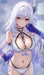 Rule 34 | 1girl, bare shoulders, bikini, blue hands, blush, breasts, closed mouth, commentary request, crossed bangs, genshin impact, hair ornament, hand up, highres, large breasts, long hair, looking at viewer, navel, ponnyu12, red eyes, side-tie bikini bottom, skirk (genshin impact), solo, stomach, swimsuit, twitter username, wet, white hair