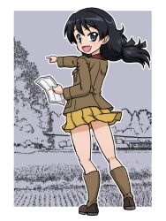 1girl black_eyes black_hair brown_jacket chi-hatan_military_uniform forest from_behind girls_und_panzer grey_background holding holding_map jacket kubota_rin long_hair low_ponytail map nature open_mouth pointing pointing_forward ponytail red_shirt rice_paddy shirt skirt smile takahashi_kurage tree yellow_skirt