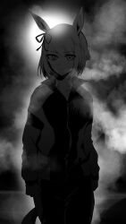 1girl animal_ears backlighting bob_cut bow braid closed_mouth commentary crown_braid dark ear_ribbon frown fujimasa_march_(umamusume) greyscale highres horse_ears horse_girl horse_tail jacket kakuteru_sudachi long_sleeves looking_at_viewer monochrome night outdoors short_hair solo standing steam sweat tail track_jacket umamusume umamusume:_cinderella_gray