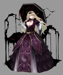 Rule 34 | 1girl, adapted costume, black dress, black hairband, black umbrella, blonde hair, breasts, cleavage, commentary, dress, elbow gloves, full body, gap (touhou), gloves, grey background, hairband, highres, holding, holding umbrella, koumajou densetsu, koumajou densetsu 2, large breasts, long hair, mattyakinako (odango imomushi), parasol, parted lips, red eyes, simple background, smile, solo, standing, tabard, touhou, umbrella, white gloves, yakumo yukari, yin yang, yin yang print