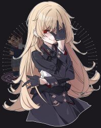 1girl \m/ absurdres black_background black_dress black_gloves blonde_hair chuunibyou closed_mouth cropped_legs dress gloves goddess_of_victory:_nikke guillotine_(nikke) hand_over_eye highres irasutoya irasutoya_challenge long_hair long_sleeves looking_at_viewer one_eye_covered outline red_eyes reference_inset simple_background smile solo tu_pa_pa_pa v-shaped_eyebrows white_outline