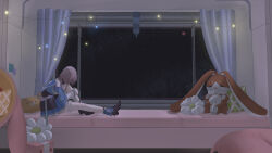 1girl absurdres ankle_boots black_boots black_choker black_overskirt blue_boots blue_jacket blue_skirt boots breasts chinese_commentary choker commentary english_commentary full_body gradient_clothes gradient_jacket high_heel_boots high_heels highres honkai:_star_rail honkai_(series) indoors jacket jiucaicangshu knee_up long_sleeves looking_afar march_7th_(honkai:_star_rail) march_7th_(preservation)_(honkai:_star_rail) medium_breasts miniskirt mixed-language_commentary multicolored_boots off-shoulder_jacket off_shoulder overskirt pink_hair pink_jacket pleated_skirt shirt skirt slice_of_life solo star_(sky) stuffed_toy thigh_strap two-tone_boots underbust white_shirt