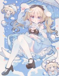 1girl :o apron arm_up asymmetrical_sleeves bird blue_background blue_dress blue_eyes blue_hair blue_umbrella blush breasts brown_ribbon brown_shoes chibi chibi_inset cleavage closed_mouth collared_dress commentary commission dress fang floppy_ears frilled_apron frilled_dress frilled_umbrella frills full_body hair_ribbon hand_up highres indie_virtual_youtuber kamizakana_iriko long_hair long_sleeves looking_at_viewer mochizuki_utoto multicolored_hair navel open_mouth ribbon shoes short_sleeves skeb_commission skin_fang small_breasts streaked_hair thighhighs two-tone_hair umbrella uneven_sleeves v-shaped_eyebrows virtual_youtuber waist_apron white_apron white_thighhighs