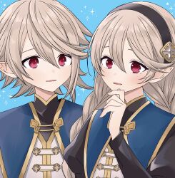 1boy 1girl absurdres aged_down black_hairband blue_background braid braided_twintails brown_hair child dual_persona female_corrin_(fire_emblem) female_corrin_(young_kinship)_(fire_emblem) fire_emblem fire_emblem_fates fire_emblem_heroes hair_between_eyes hairband hand_up highres long_hair male_corrin_(fire_emblem) male_corrin_(young_kinship)_(fire_emblem) nintendo official_alternate_costume parted_lips pointy_ears portrait_(object) red_eyes roroichi short_hair smile sparkle_background