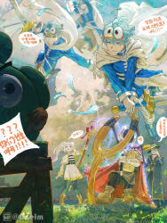 1girl 3boys absurdres angry_birds axe bad_piggies battle_axe beard black_pants black_robe blue_bird_(angry_birds) blue_eyes blue_feathers blue_hair blue_tunic brown_footwear capelet chinese_commentary cloak closed_mouth dress dwarf earrings eisen_(sousou_no_frieren) elf facial_hair feathers floating_earring frieren glass golemmm green_hair grey_cloak hal_(angry_birds) heiter highres himmel_(sousou_no_frieren) holding holding_axe holding_slingshot holding_staff holding_sword holding_weapon jewelry long_beard long_hair long_sleeves mage_staff magic mole mole_under_eye multiple_boys outdoors pants pantyhose parted_bangs pointy_ears red_(angry_birds) robe shirt slingshot_(weapon) smile speech_bubble staff striped_clothes striped_shirt sword translation_request tunic twintails weapon white_capelet white_cloak white_hair