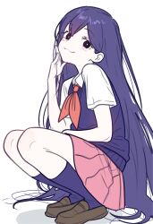 1girl :3 absurdres black_eyes black_hair black_socks black_vest closed_mouth collared_shirt ebora highres kneehighs loafers long_hair looking_at_viewer mari_(headspace)_(omori) mari_(omori) neckerchief omori pink_skirt pleated_skirt red_neckerchief shirt shoes short_sleeves simple_background skirt smile socks solo squatting very_long_hair vest white_background white_shirt