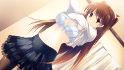 10s 1girl black_pantyhose black_skirt bra breasts brown_eyes brown_hair cleavage female_focus frilled_skirt frills game_cg indoors long_hair looking_at_viewer medium_breasts navel ogiso_setsuna pantyhose skirt solo two_side_up underwear undressing white_album_(series) white_album_2 white_bra