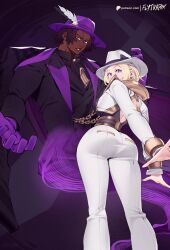 1boy 1girl ass back_cutout black_suit blonde_hair cloak_(marvel) cloak_(twilight_duo)_(marvel) clothing_cutout dagger_(marvel) dagger_(twilight_duo)_(marvel) dreadlocks flytrapxx formal_clothes gloves hat highres looking_at_viewer looking_back marvel marvel_rivals official_alternate_costume official_alternate_hairstyle pants purple_gloves suit white_pants white_suit