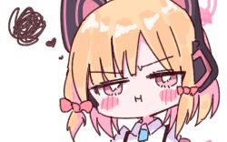 1girl :i animal_ear_headphones animal_ears aqua_necktie blonde_hair blue_archive blush blush_stickers bow bright_pupils cat_ear_headphones cat_ears closed_mouth collared_shirt cropped dokuringo_(artist) fake_animal_ears hair_bow half-closed_eyes halo headphones heart looking_at_viewer low-tied_sidelocks medium_hair momoi_(blue_archive) necktie pink_bow pink_eyes pink_halo portrait shirt sidelocks simple_background solo squiggle suspenders third-party_edit third-party_source v-shaped_eyebrows white_background white_pupils white_shirt