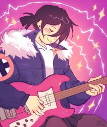 1girl abstract_background artist_name bass_guitar black_hair black_skirt blush closed_eyes ear_piercing earrings bass_guitar fur-trimmed_jacket fur_trim hair_between_eyes highres holding holding_bass_guitar holding_instrument instrument jacket jewelry knives_chau pantyhose piercing pleated_skirt ponytail scott_pilgrim_(series) scott_pilgrim_takes_off shirt short_hair short_ponytail sidelocks sitting skirt smile takispace white_shirt