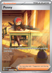 1girl artist_name black_hoodie blue_hair card_(medium) character_name classroom closed_mouth company_name copyright_name copyright_notice desk eevee_backpack english_text glasses head_rest holding holding_poke_ball hood hood_down hoodie indoors light_particles long_sleeves multicolored_hair nintendo official_art okacheke paper penny_(pokemon) plant poke_ball poke_ball_(basic) poke_ball_print pokemon pokemon_card pokemon_sv pokemon_tcg red_hair round_eyewear school_desk short_hair sitting smile solo sunlight third-party_source trading_card two-tone_hair very_short_hair window