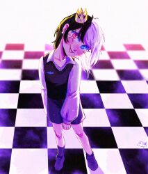 1girl absurdres artist_name black_hair black_sweater_vest blue_eyes blush blush_stickers checkered_floor chromashift collared_shirt commentary crown english_commentary eyelashes full_body glint grey_shoes grey_shorts head_tilt heterochromia highres long_sleeves looking_at_viewer lucinda_grey medium_hair mini_crown multicolored_hair purple_hair red_eyes rin_penrose shirt shoes shorts smile solo split-color_hair standing sweater_vest tongue tongue_out two-tone_hair virtual_youtuber white_shirt