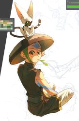 1boy 1other aang alternate_costume animal arrow_tattoo avatar:_the_last_airbender avatar_legends bald brown_eyes brown_tunic color_guide forehead_tattoo green_eyes gymnopedies2 hat head_tattoo highres lemur looking_at_viewer looking_back momo_(avatar) mouth_hold rice_hat sitting sketch sleeveless stalk_in_mouth tattoo tunic