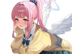 Rule 34 | 1girl, absurdres, angel wings, blue archive, blush, bow, bowtie, cardigan, choppy bangs, collared shirt, cowboy shot, gradient hair, green bow, green bowtie, green skirt, grey hair, grey scrunchie, hair intakes, hair ornament, hair scrunchie, halo, hashtag-only commentary, highres, leaning forward, long hair, long sidelocks, long sleeves, looking at viewer, mika (blue archive), multicolored hair, open mouth, pink halo, pleated skirt, ponytail, school uniform, scrunchie, shaffelli, shirt, sidelocks, simple background, skirt, sleeves past wrists, smile, solo, white background, white shirt, white wings, wing collar, wings, yellow cardigan, yellow eyes, yellow nails