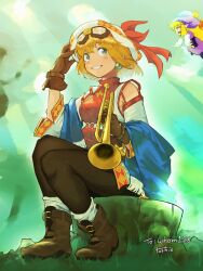 Rule 34 | artist name, blonde hair, brown gloves, commentary, cornet espoir, earrings, english commentary, gloves, goggles, goggles on head, green eyes, holding, holding instrument, holding trumpet, instrument, jewelry, kururu (rhapsody), marl kingdom, pantyhose, short hair, smile, toastitos, trumpet