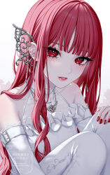 1girl bare_shoulders blunt_bangs butterfly_ornament choker close-up collarbone commentary_request detached_sleeves dress ear_piercing eyelashes frilled_dress frills hair_between_eyes hand_on_own_knee highres jewelry knees_up light_smile long_hair long_sleeves looking_at_viewer nail_art nail_polish necklace original pants parted_lips piercing red_eyes red_hair red_lips red_nails saijou_yurika signature simple_background sitting sleeve_belt solo white_background white_choker white_dress white_pants white_sleeves