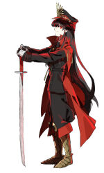 1girl absurdres black_hair black_hat black_jacket black_pants cape closed_mouth commentary_request fate/grand_order fate_(series) from_side full_body gloves hat highres jacket katana long_hair long_sleeves looking_at_viewer oda_nobunaga_(fate) oda_nobunaga_(koha-ace) oda_uri pants peaked_cap potato_(potato9t) red_cape red_eyes simple_background smile solo standing sword weapon white_background white_gloves