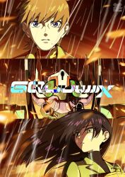 1boy 1girl black_hair commentary_request conch_(gundam) copyright_name gfred gundam gundam_gquuuuuux highres long_hair mecha military_uniform mole mole_under_mouth nyaan_(gundam_gquuuuuux) parted_lips rain robot upper_body xavier_olivette yy_shibata