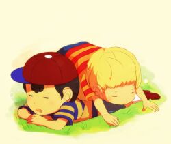 2boys artist_request bad_tag black_hair blonde_hair child lucas_(mother_3) lying male_focus mother_(series) mother_2 mother_3 multiple_boys ness_(mother_2) nintendo shirt sleeping source_request striped_clothes striped_shirt super_smash_bros.