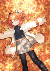 1girl :3 a.i._voice absurdres adachi_rei autumn autumn_leaves belt black_pantyhose black_shirt blush closed_eyes feet_out_of_frame flat_chest gloves grey_skirt hair_ribbon hashtag-only_commentary headlamp highres jacket leaf long_sleeves lying medaka_h2 on_back open_clothes open_jacket orange_belt orange_hair outstretched_arms pantyhose pleated_skirt radio_antenna ribbon shirt side_ponytail skirt sleeves_past_wrists solo utau white_gloves white_ribbon
