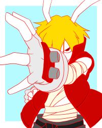 1boy blue_background clenched_hand colored_skin commentary_request fingerless_gloves furry furry_male gloves grey_gloves highres king_kazma looking_at_viewer male_focus midriff_sarashi open_clothes open_vest rabbit_boy red_vest sarashi sera_(hitsuji_to_kitsune) solo summer_wars two-tone_background upper_body v-shaped_eyes vest white_background white_skin