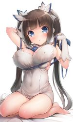 Rule 34 | 10s, 1girl, :o, blue eyes, blush, breasts, brown hair, cleavage, covered erect nipples, covered navel, dress, dungeon ni deai wo motomeru no wa machigatteiru darou ka, elbow gloves, female focus, gloves, hair ribbon, hestia (danmachi), large breasts, long hair, looking at viewer, rei no himo, ribbon, simple background, sitting, solo, sorimura youji, twintails, very long hair, white background, white dress, white gloves