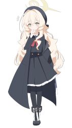 1girl absurdres beret black_coat black_hat black_pantyhose black_sailor_collar black_serafuku blonde_hair blue_archive bow bowtie coat fluffy_hair green_eyes halo hat highres lmg7811 pantyhose professor_niyaniya_(blue_archive) red_bow red_bowtie sailor_collar school_uniform serafuku side_ahoge solo yellow_halo