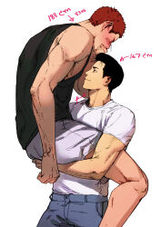 Rule 34 | 2boys, absurdres, black hair, black tank top, blue pants, blush, carrying, carrying person, closed mouth, fatcat, highres, looking at another, male focus, mito youhei, multiple boys, muscular, muscular male, pants, red hair, sakuragi hanamichi, shirt, short hair, shorts, simple background, slam dunk (series), smile, tank top, white background, white shirt, white shorts, yaoi