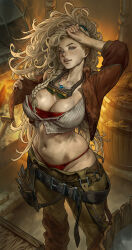 1girl aleriia_v arm_up barrel belt blonde_hair breasts cowboy_shot dirty dirty_face from_above gemma_(monster_hunter_wilds) goggles goggles_around_neck hammer hand_up high_ponytail highres indoors jewelry large_breasts long_hair looking_at_viewer looking_up midriff monster_hunter_(series) monster_hunter_wilds navel necklace panties pants ponytail red_panties solo standing tool_belt underwear very_long_hair wiping_face