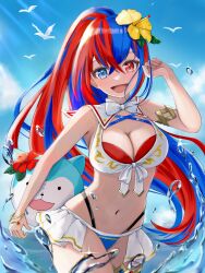 1girl bikini blue_bikini blue_eyes blue_hair blue_sky breasts character_ball cleavage commentary_request criss-cross_halter crossed_bangs female_alear_(fire_emblem) female_alear_(seaside_dragon)_(fire_emblem) fire_emblem fire_emblem_engage fire_emblem_heroes flower gold_armlet gold_thighlet hair_flower hair_ornament halterneck heterochromia high_ponytail highres long_hair mugitoro_(dsfv2277) multicolored_bikini multicolored_hair multicolored_swimsuit navel nintendo official_alternate_costume official_alternate_hairstyle open_mouth ponytail red_bikini red_eyes red_flower red_hair showgirl_skirt sky sommie_(fire_emblem) split-color_hair swimsuit two-tone_hair very_long_hair water white_bikini yellow_flower