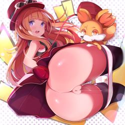 Rule 34 | 1girl, absurdres, ass, bag, bent over, black thighhighs, blunt bangs, blush, breasts, brown hair, cleft of venus, clothes lift, dutch angle, female focus, fennekin, from behind, gen 6 pokemon, glasses, hat, highres, long hair, looking at viewer, looking back, nintendo, open mouth, panties, panty pull, papion, pokemon, pokemon (creature), pokemon xy, polka dot, polka dot background, purple eyes, pussy, pussy juice, serena (pokemon), shirt, shoulder bag, sidelocks, skirt, skirt lift, sleeveless, sleeveless shirt, stained panties, thighhighs, thighs, uncensored, underwear